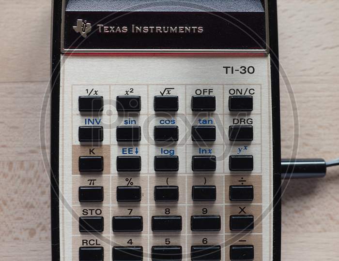 Dallas, Usa - Circa May 2016: Texas Instruments Ti-30 Electronic Scientific Pocket Calculator From Year 1976