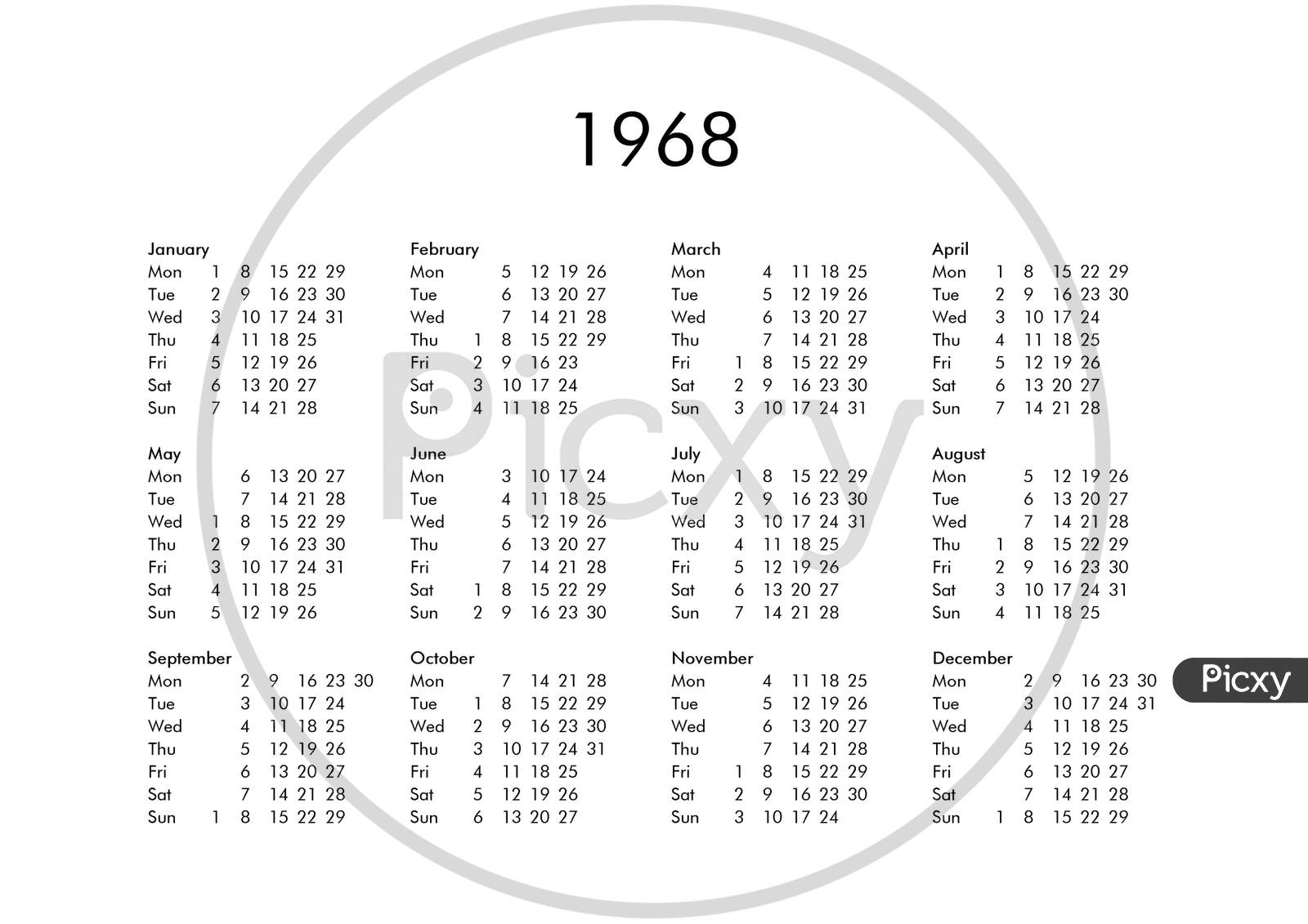 Image of Calendar Of Year 1968LS235988Picxy