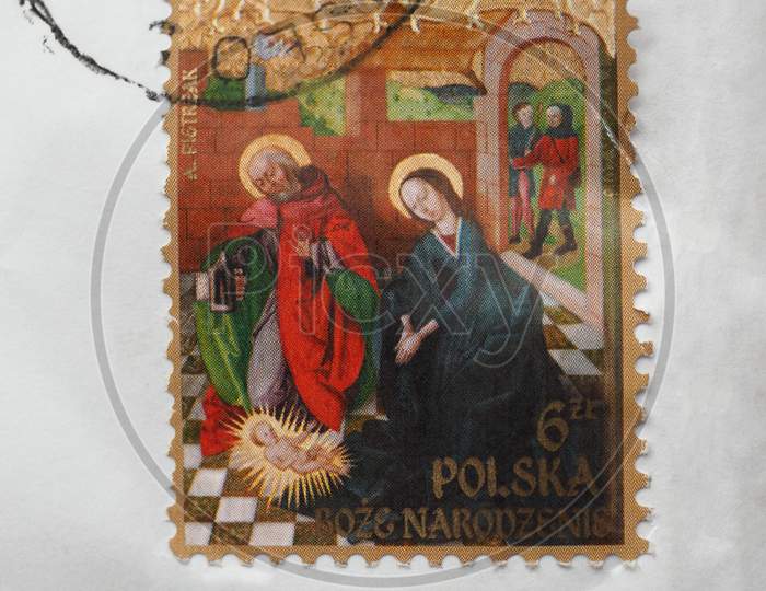 Warsaw, Poland - Circa February 2017: A Stamp Printed By Poland Christmas Nativity Scene (Boze Narodzenie In Polish)