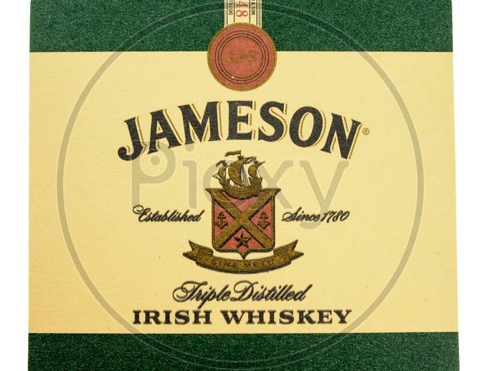 Dublin, Irelan - March 15, 2015: Beermat Of Jameson Irish Whiskey Isolated Over White Background