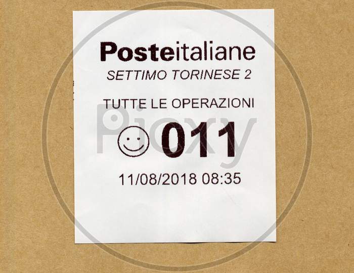 Settimo Torinese, Italy - Circa August 2018: Poste Italiane (Italian Post) Ticket For Queue Management System
