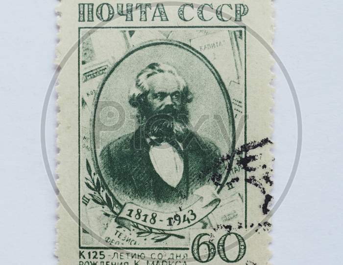 Moscow, Russia - Circa 2015: A Stamp Printed By Ussr Shows A Karl Marx Portrait