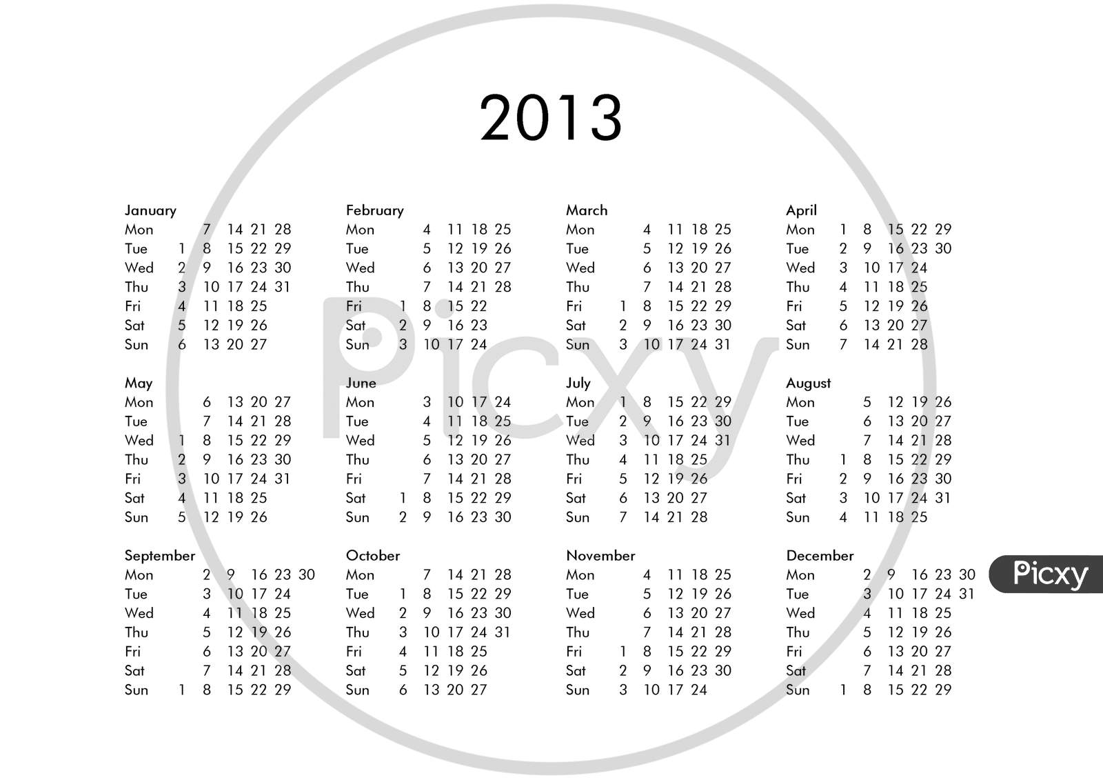 Calendar Of Year 2013