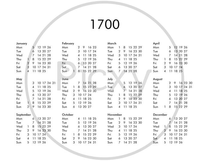 Calendar Of Year 1700