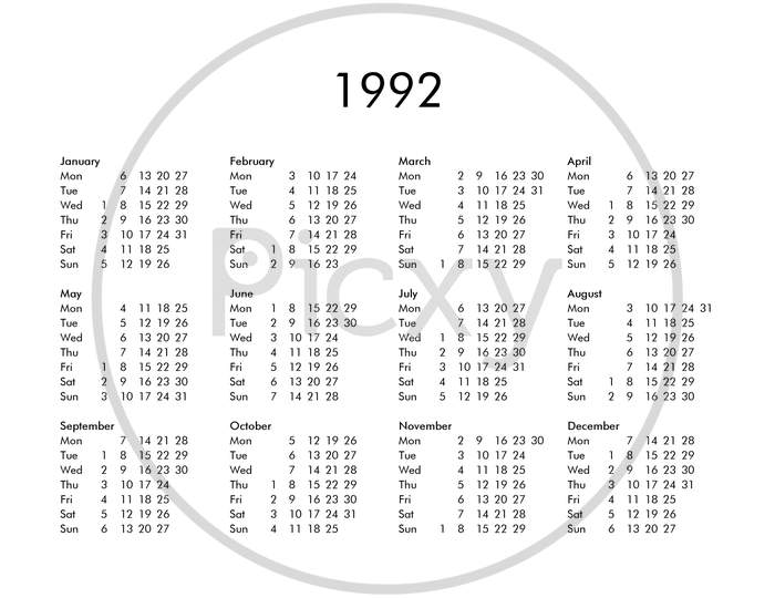 Calendar Of Year 1992