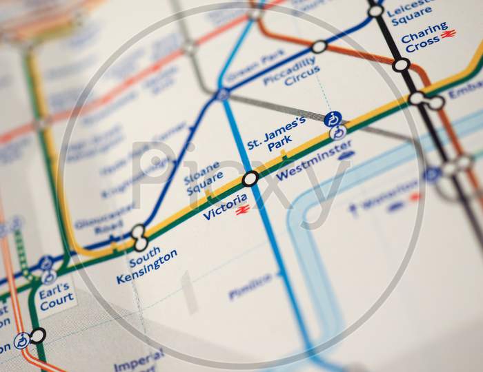 London, Uk - Circa 2018: Map Of London Underground Tube Stations With Selective Focus On Victoria Station