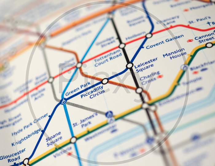 London, Uk - Circa 2018: Map Of London Underground Tube Stations With Selective Focus