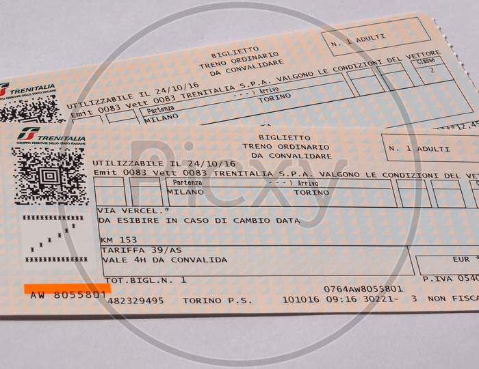 Milan, Italy - Circa October 2016: Italian Trenitalia Train Tickets