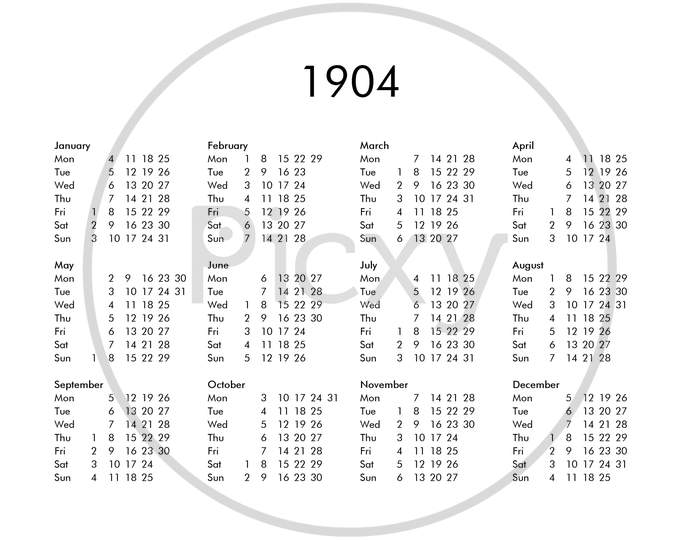 Calendar Of Year 1904