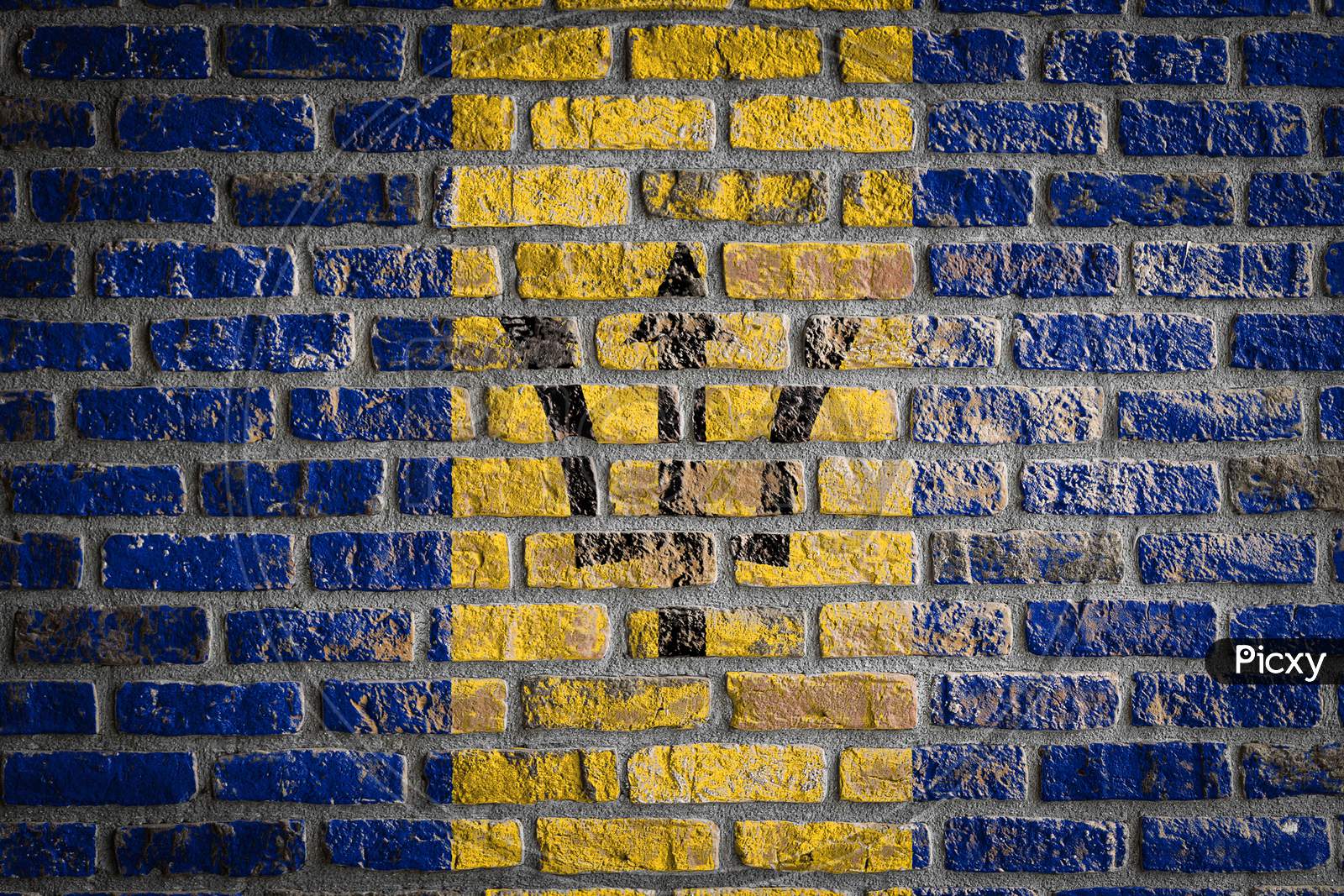 National Flag Of Barbados
  Depicting In Paint Colors On An Old Brick Wall. Flag  Banner On Brick Wall Background.