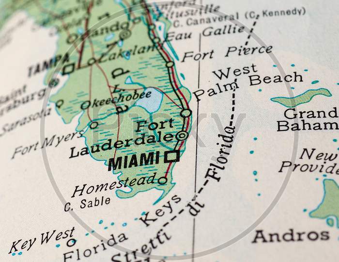 Miami, Usa - Circa April 2016: Detail Of A Map Of The City With Selective Focus On Town Name