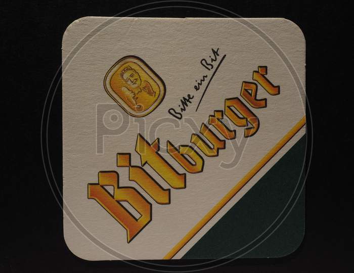 Berlin, Germany - December 11, 2014: Beermat Of German Beer Bitburger
