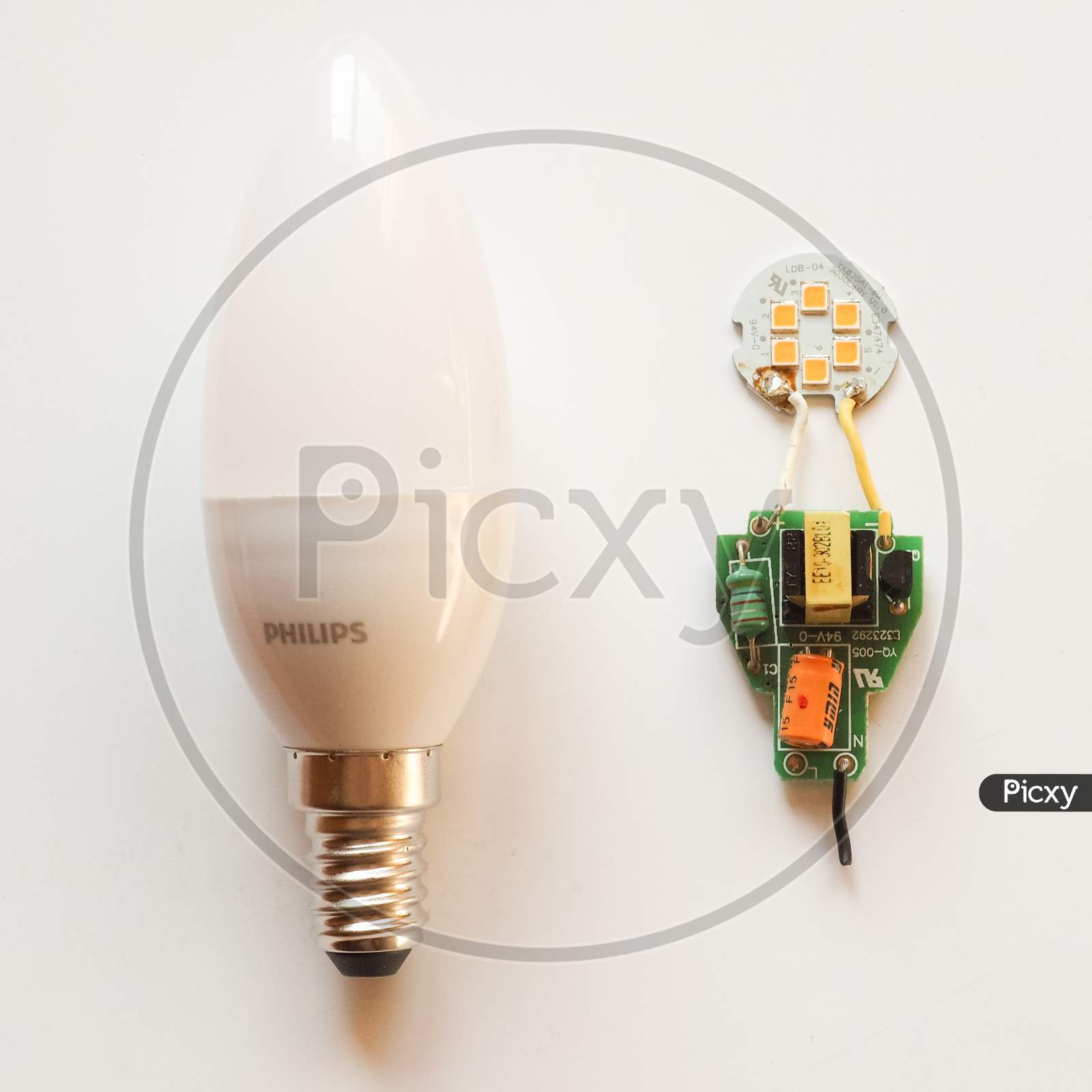 Amsterdam, Netherlands - Circa February 2018: Philips Led Light Showing Internal Electronic Components On A Printed Circuit Board