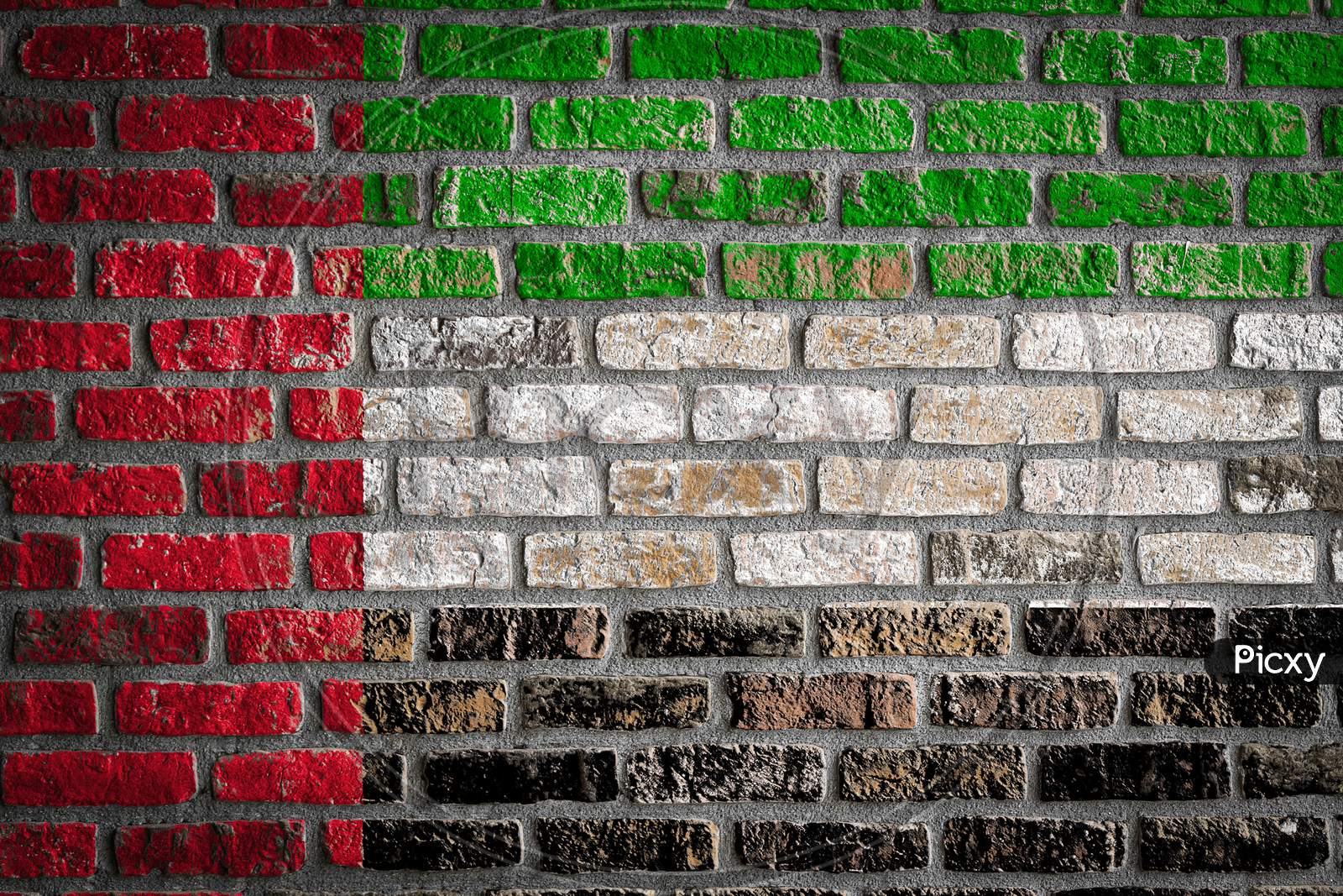 National Flag Of United Arab Emirates
 Depicting In Paint Colors On An Old Brick Wall. Flag  Banner On Brick Wall Background.