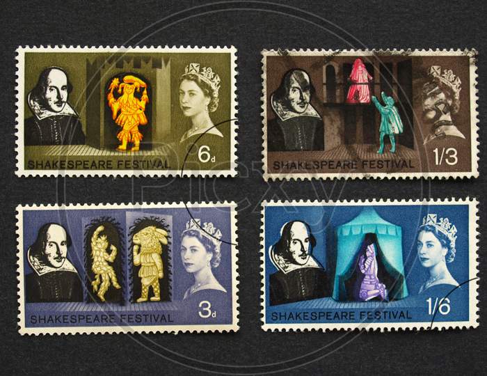 London, Uk - September 18, 2009: Range Of British Postage Stamps With Hm The Queen Elizabeth Ii And William Shakespeare