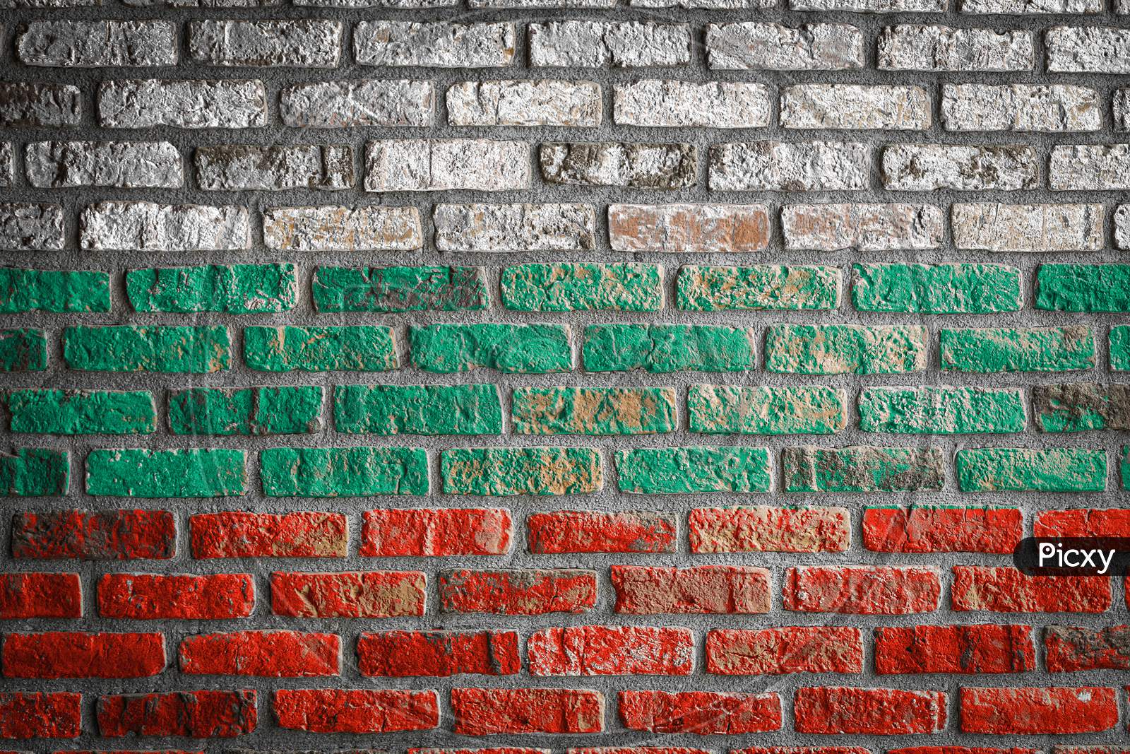 National Flag Of Bulgaria
 Depicting In Paint Colors On An Old Brick Wall. Flag  Banner On Brick Wall Background.