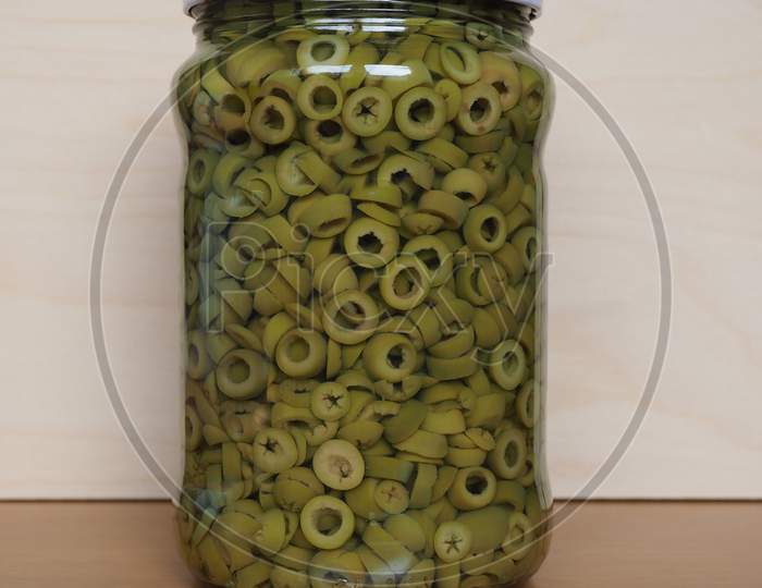 Sliced Green Olives In Brine In Glass Jar