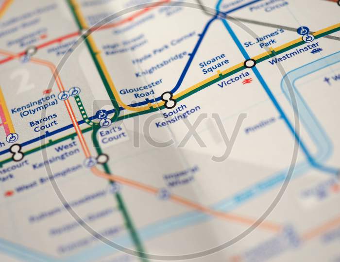 London, Uk - Circa 2018: Map Of London Underground Tube Stations With Selective Focus On South Kensington