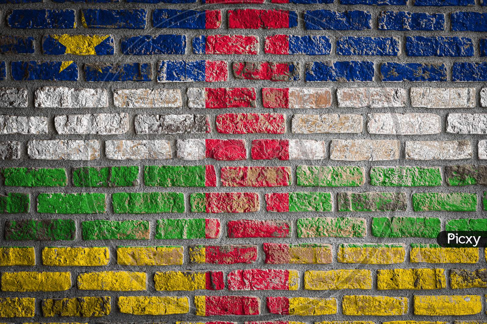 National Flag Of Central African Republic
 Depicting In Paint Colors On An Old Brick Wall. Flag  Banner On Brick Wall Background.