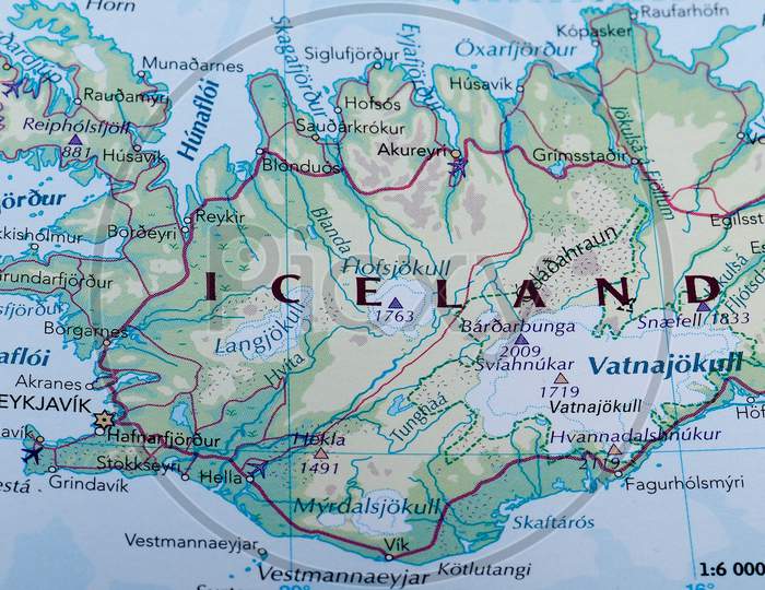 Reykjavik, Iceland - Circa May 2016: Map Of Iceland With Selective Focus On Name Of Country