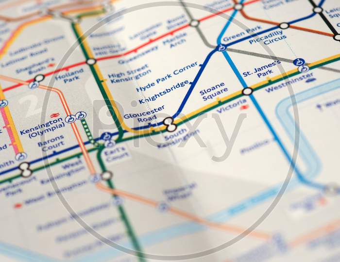 London, Uk - Circa 2018: Map Of London Underground Tube Stations With Selective Focus