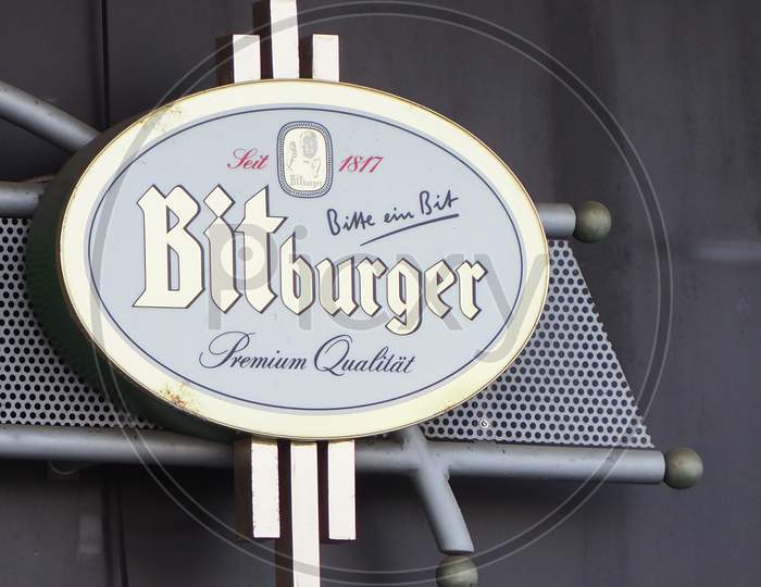 Koeln, Germany - Circa August 2019: Bitburger Sign