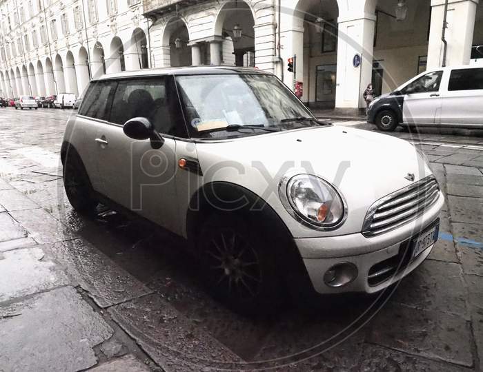 Turin, Italy - Circa November 2018: White Mini Car