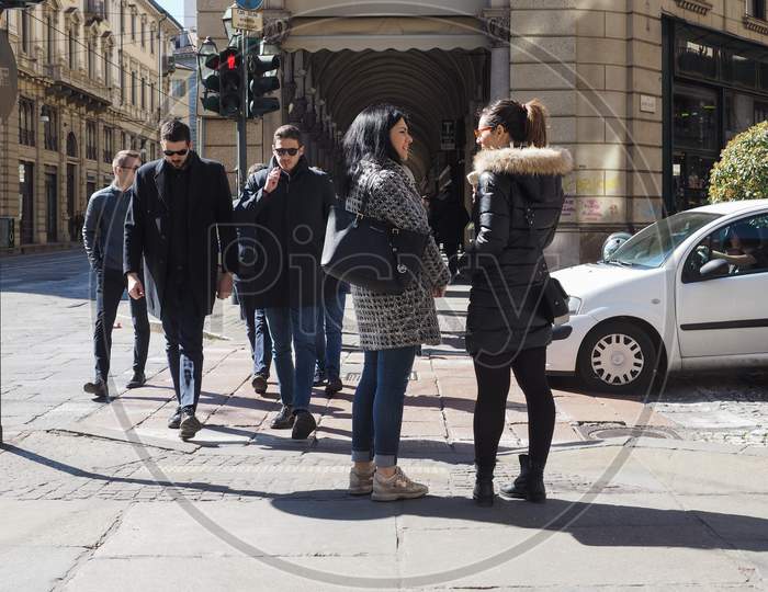 Turin, Italy - Circa March 2019: People In The City Centre