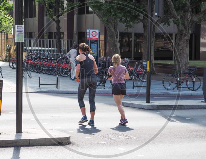 London, Uk - Circa June 2018: Women Jogging In Central London