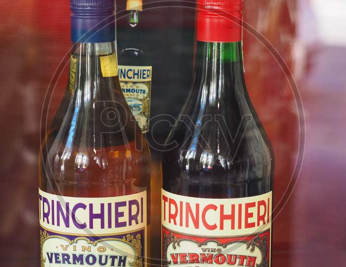Turin, Italy - Circa May 2019: Bottles Of White And Red Trinchieri Vermouth Wine