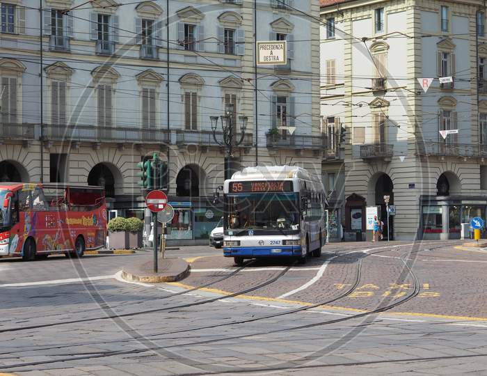 Turin, Italy - Circa July 2017: Bus Public Transport In Piazza Castello Square