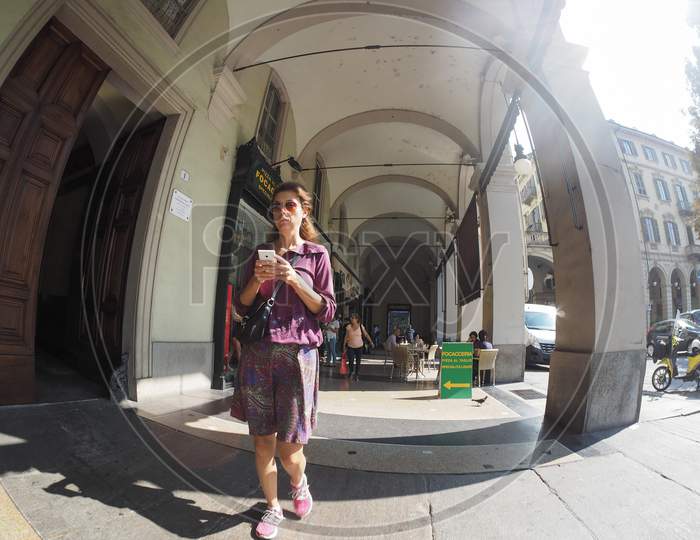 Turin, Italy - Circa September 2018: Colonnade Portico Seen With Fisheye Lens