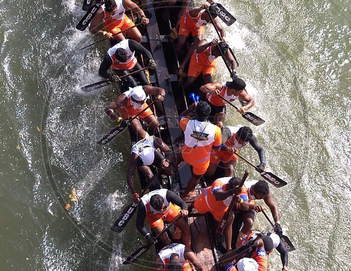 Aerial view of snake boat participating in Kottayam Boat Race, India