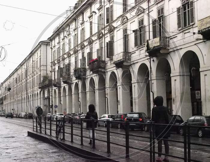 Turin, Italy - Circa November 2018: People At Bus Stop In Via Po