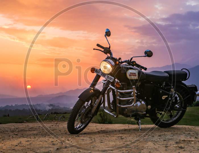 Sunset in bir billing with my royal Enfield