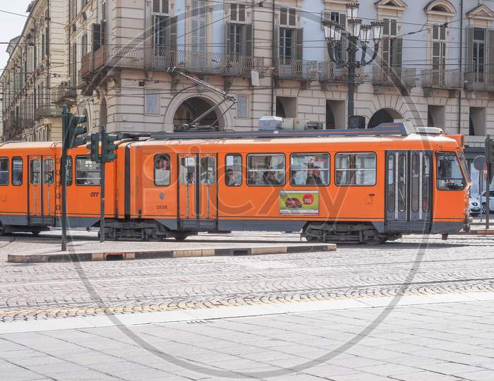 Turin, Italy - April 09, 2014: A Tram In Piazza Castello Central Square