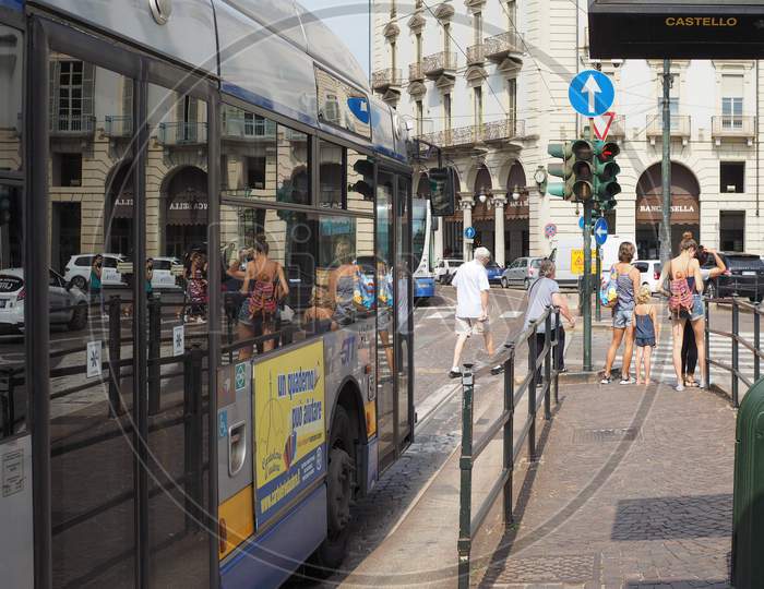 Turin, Italy - Circa July 2017: Bus Stop In Piazza Castello Square