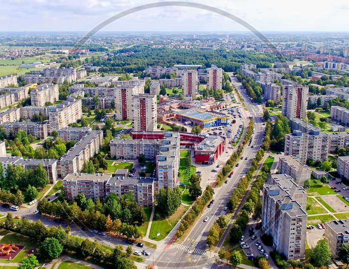 Beautiful Aerial View From Flying Drone Panorama Of South Part Siauliai Sunny Summer Day Lithuania.