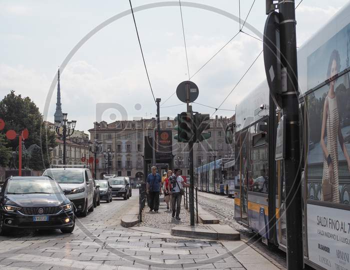 Turin, Italy - Circa July 2017: Bus Stop In Piazza Castello Square