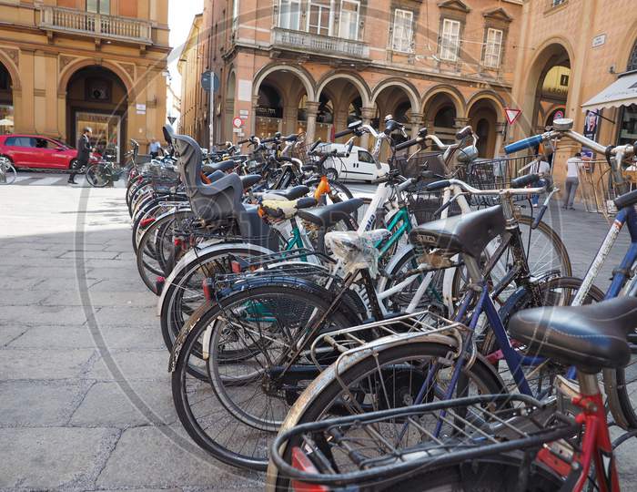 Bologna, Italy - Circa September 2017: Bikes Of The Old City Centre