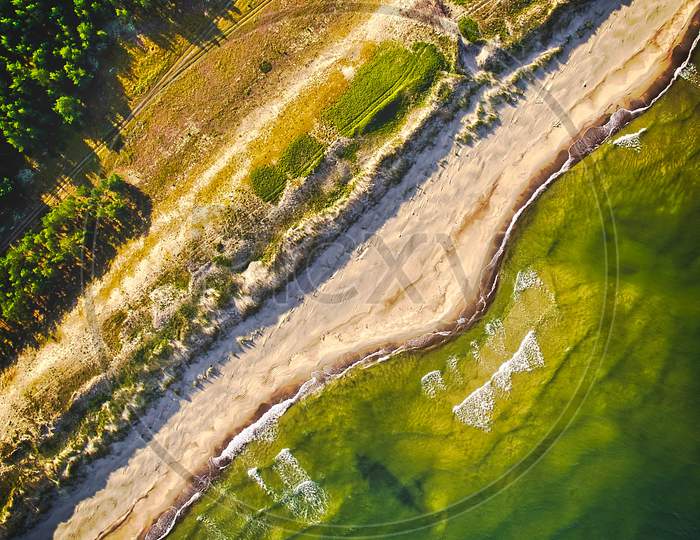 Overhead Aerial View Baltic Sea Curonian Spit Nature, Unesco World Heritage Site. Natural Beauty Lithuania