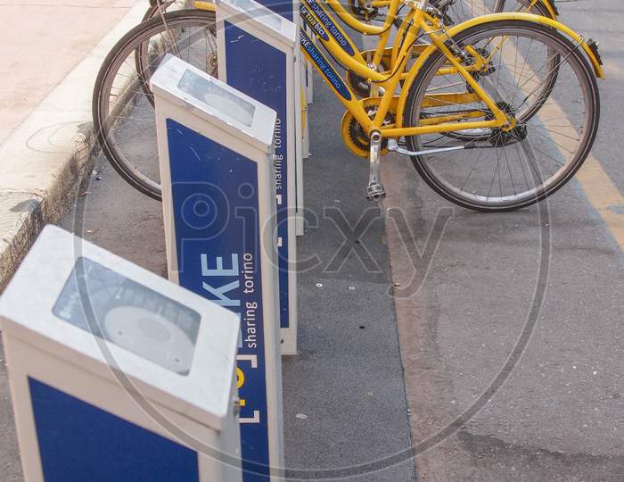 Turin, Italy - April 09, 2014: A Docking Station For The Cycle Hire Network