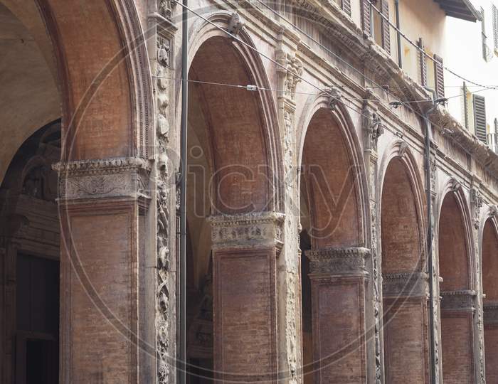 Bologna, Italy - Circa September 2017: Porches In The Old City Centre