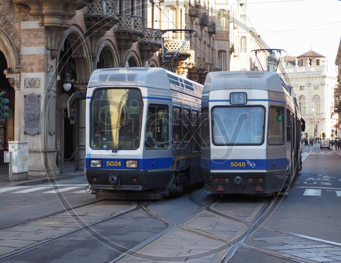 Turin, Italy - Circa January 2018: Tramway Train For Public Transport