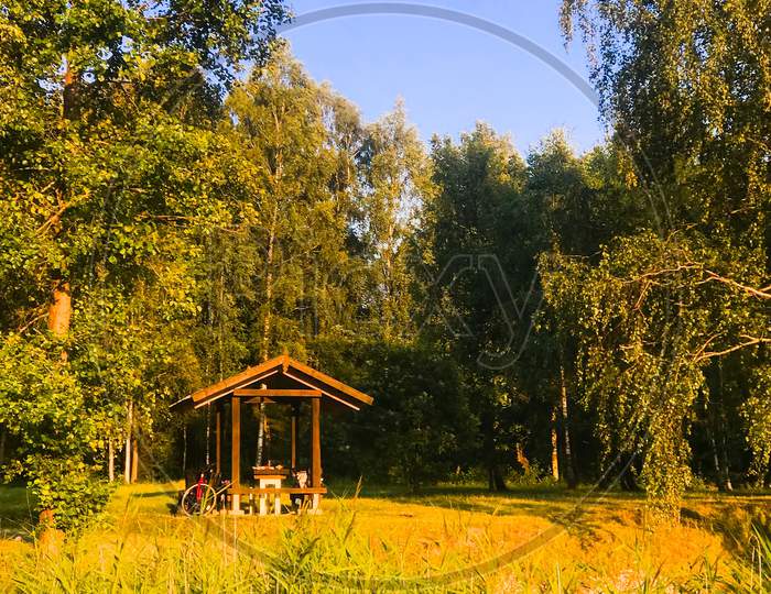 Bicycle Standing On Side Road In Picnic Area Surrounded By Summer Greenery In Lithuania Countryside. Bicycle Travel Holidays In Baltic Country.