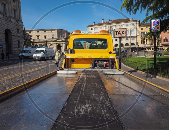 Verona, Italy - Circa March 2019: Tow Truck To Pull Vehicle