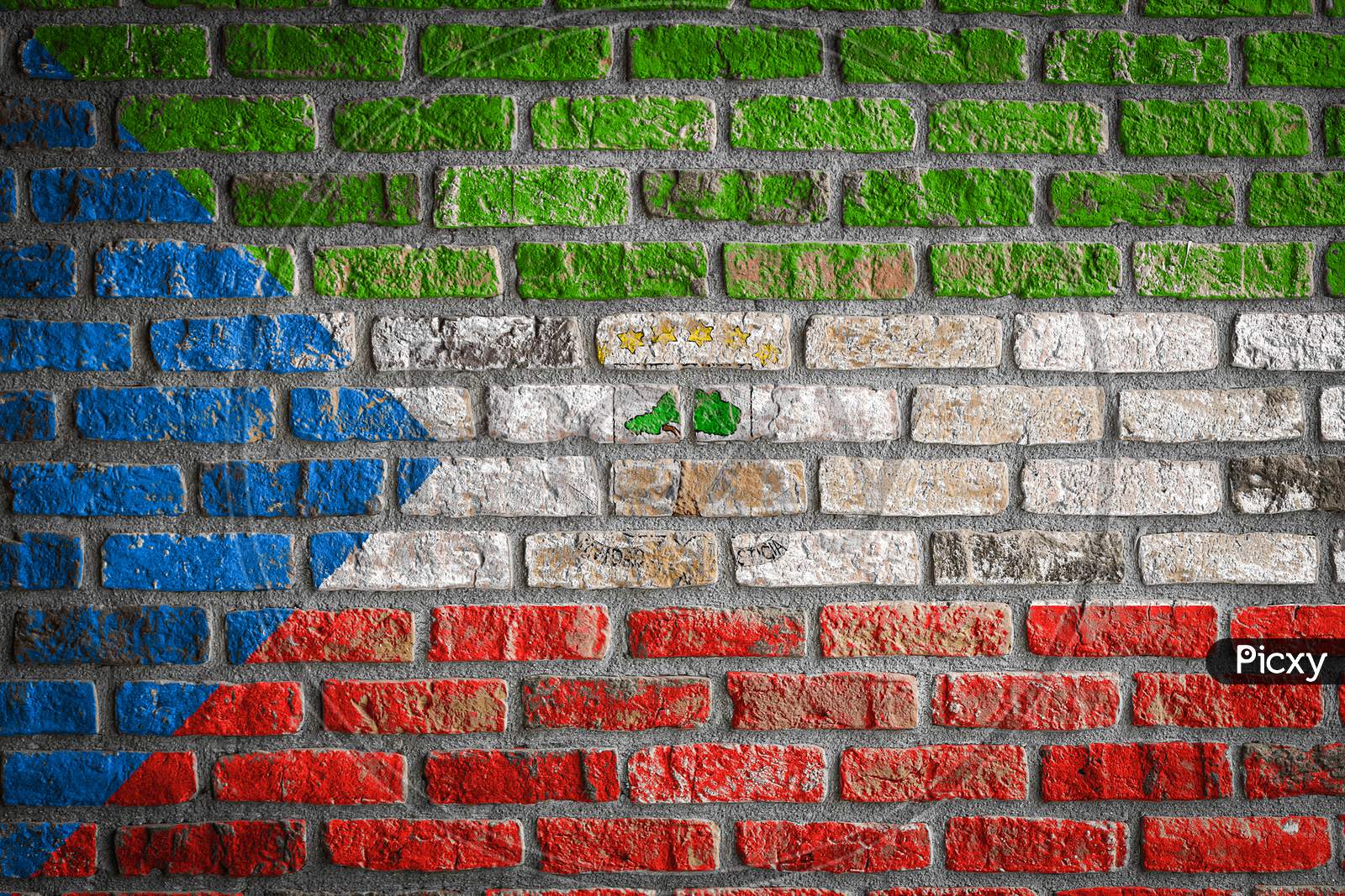 National Flag Of Equatorial Guinea
 Depicting In Paint Colors On An Old Brick Wall. Flag  Banner On Brick Wall Background.