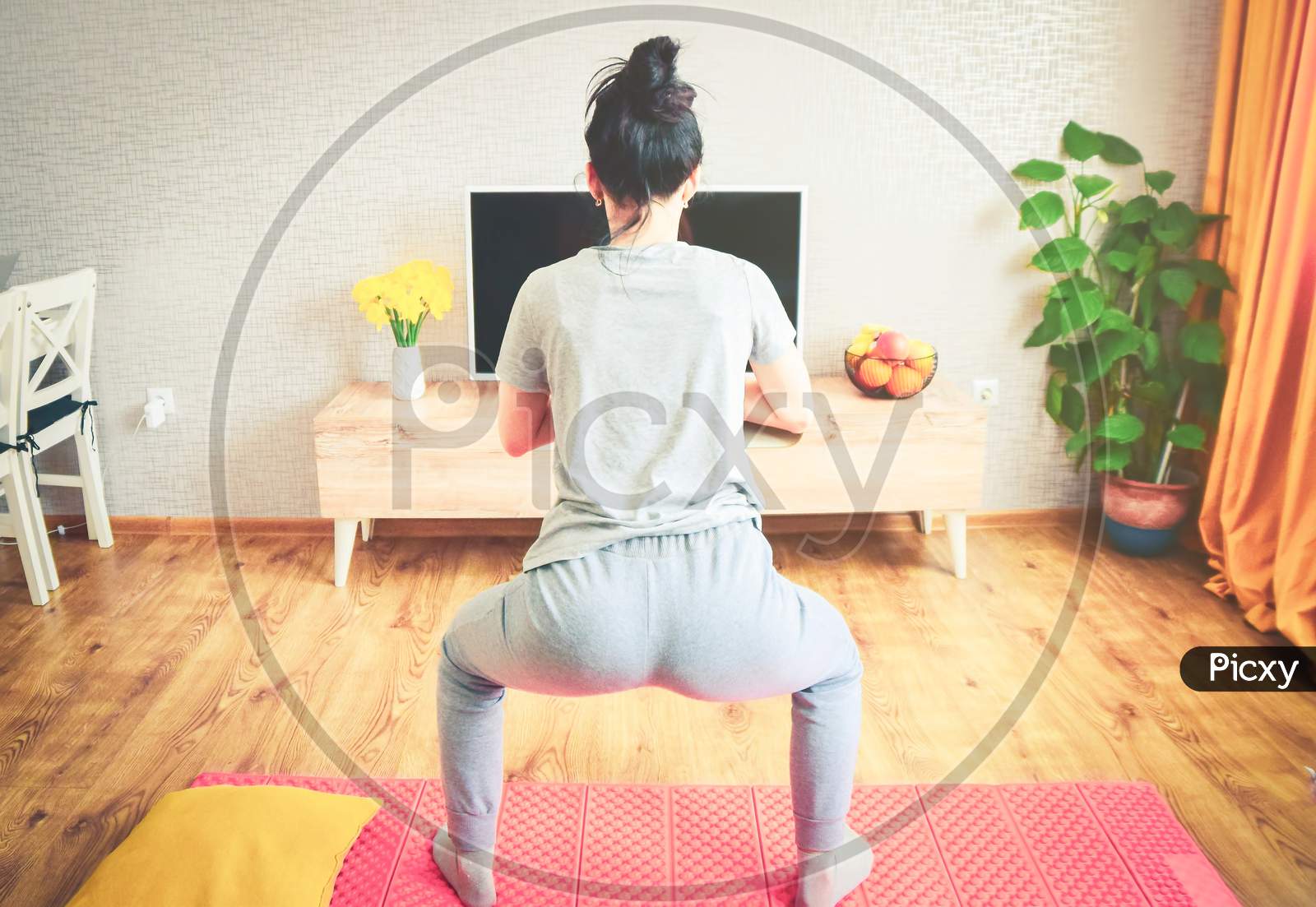 Sporty Young Caucasian Woman Doing Squat Morning Exercise Alone In Living Room, Serious Fit Girl Wearing Sportswear Crouching Training Muscles Workout At Home For Healthy Body Lifestyle Concept. Back View Home Exercise