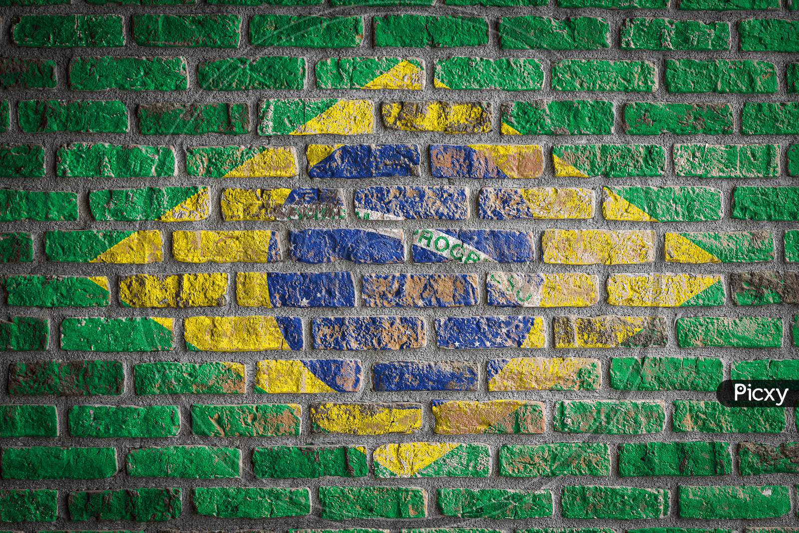 National Flag Of Brazil
 Depicting In Paint Colors On An Old Brick Wall. Flag  Banner On Brick Wall Background.