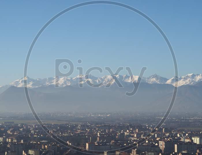 Aerial View Of Turin With Alps Mountains